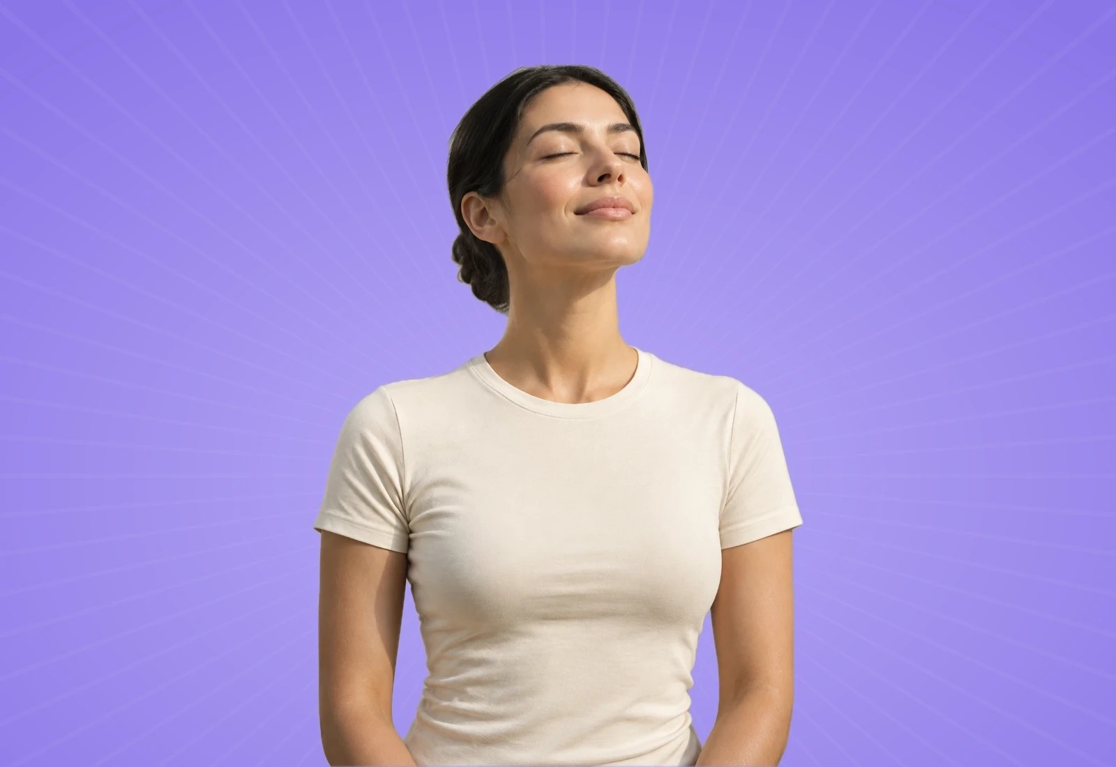Calm woman with eyes closed on a lavender background