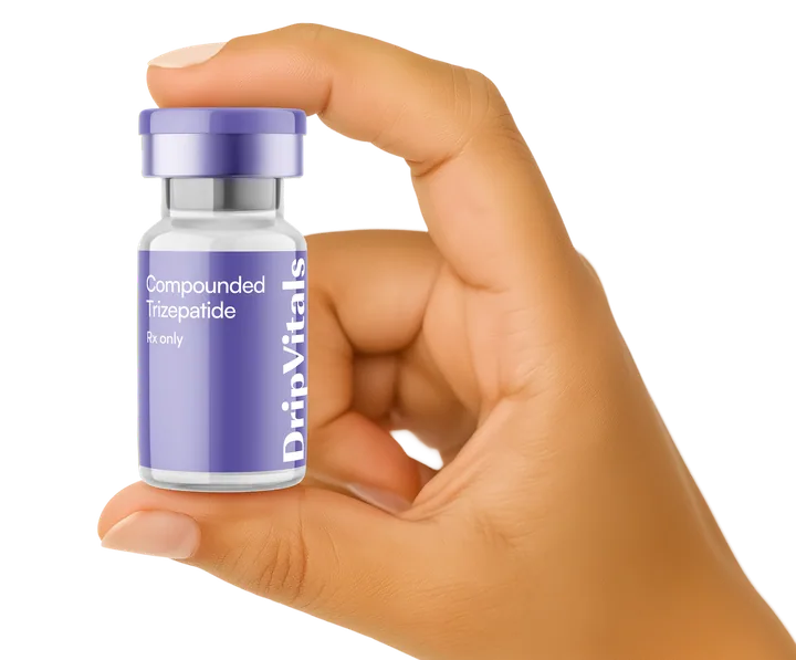 Hand holding a DripVitals semaglutide vial